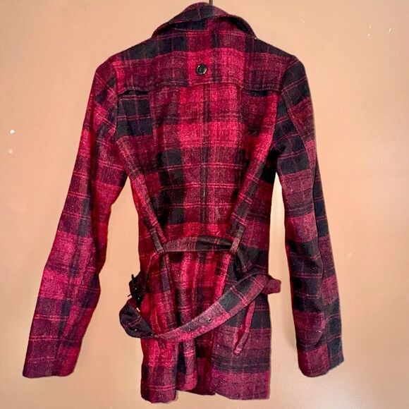 Bongo Women's Double Breasted Red Plaid Button Pea Coat - Size Small - Picture 10 of 10